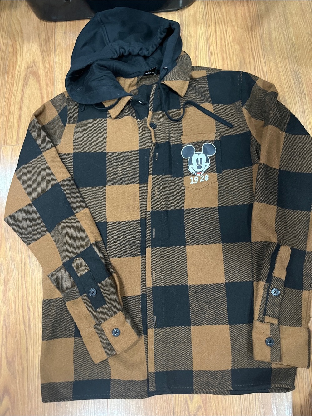 Mickey Mouse Plaid Hooded Shacket - Black & Brown MENS / JUNIOR